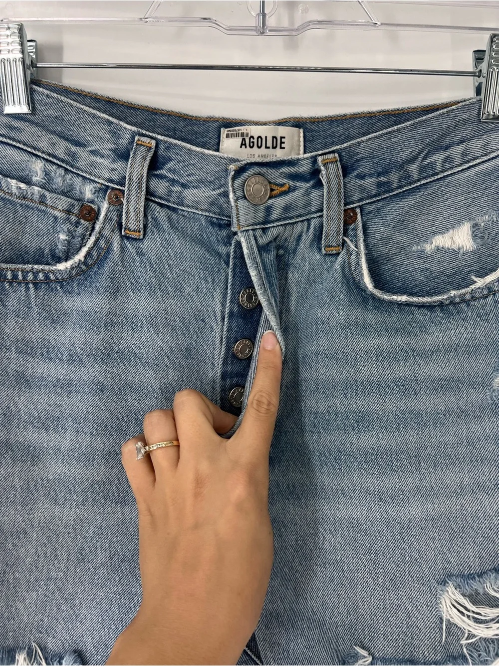 Agolde Parker Long Light Blue Distressed High Waist Cutoff Denim Shorts 26